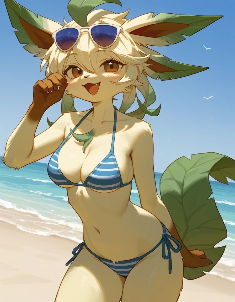 alone, score_9,score_8_up,score_7_up, anthro female leafeon, blue stripped bikini, beach background, standing, happy, sunglasses.