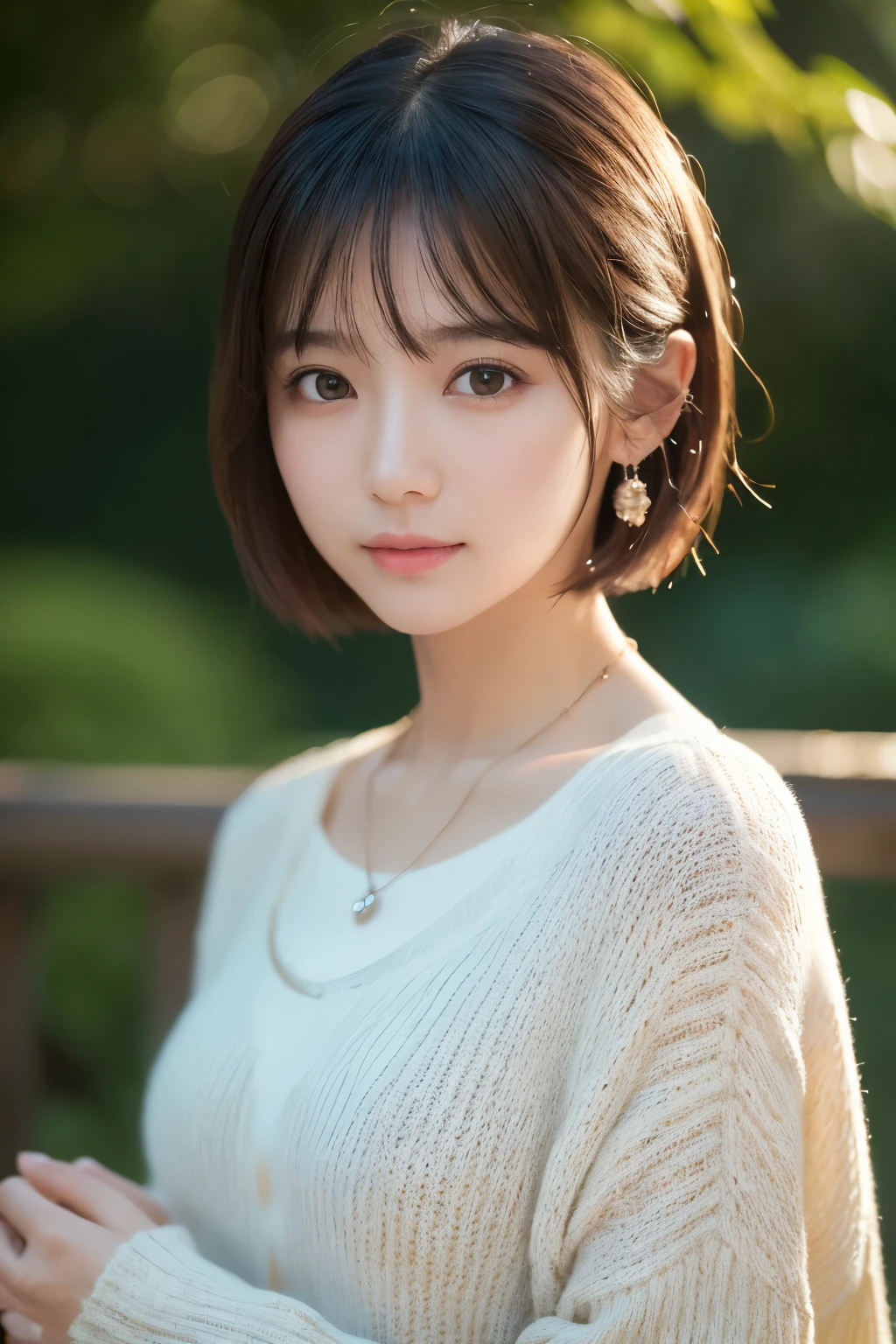 Highest quality、8k、32K、masterpiece、nffsw:1.2)、cute日本人女性の写真、Long sleeve dress、Very short bob hair、Upper Body、Surface Focus、Extra large size_sweater、necklace、garden、rain、From above、Looking at the audience、Mix 4、(8k、Raw photo、Highest quality、Masterpiece:1.2)、(Realistic、Photorealistic:1.37)、1 Girl、cute、Professional Lighting、Photon Mapping、Physically Based Rendering、Shortcuts、Shortcuts、handsome handsome、Girly、Excellent image quality、High resolution、1080P、(face)、(Detailedface)、(Detailedface説明ハンドアセットの部分部分部分)、(DetailedCG)、Extreme light and shadow、Master、Wet Hair、details、piece、(Exquisite function)、(Exquisite function)、Best image quality)、(piece)、Detailed(piece)、DetailedEyes、Eyes