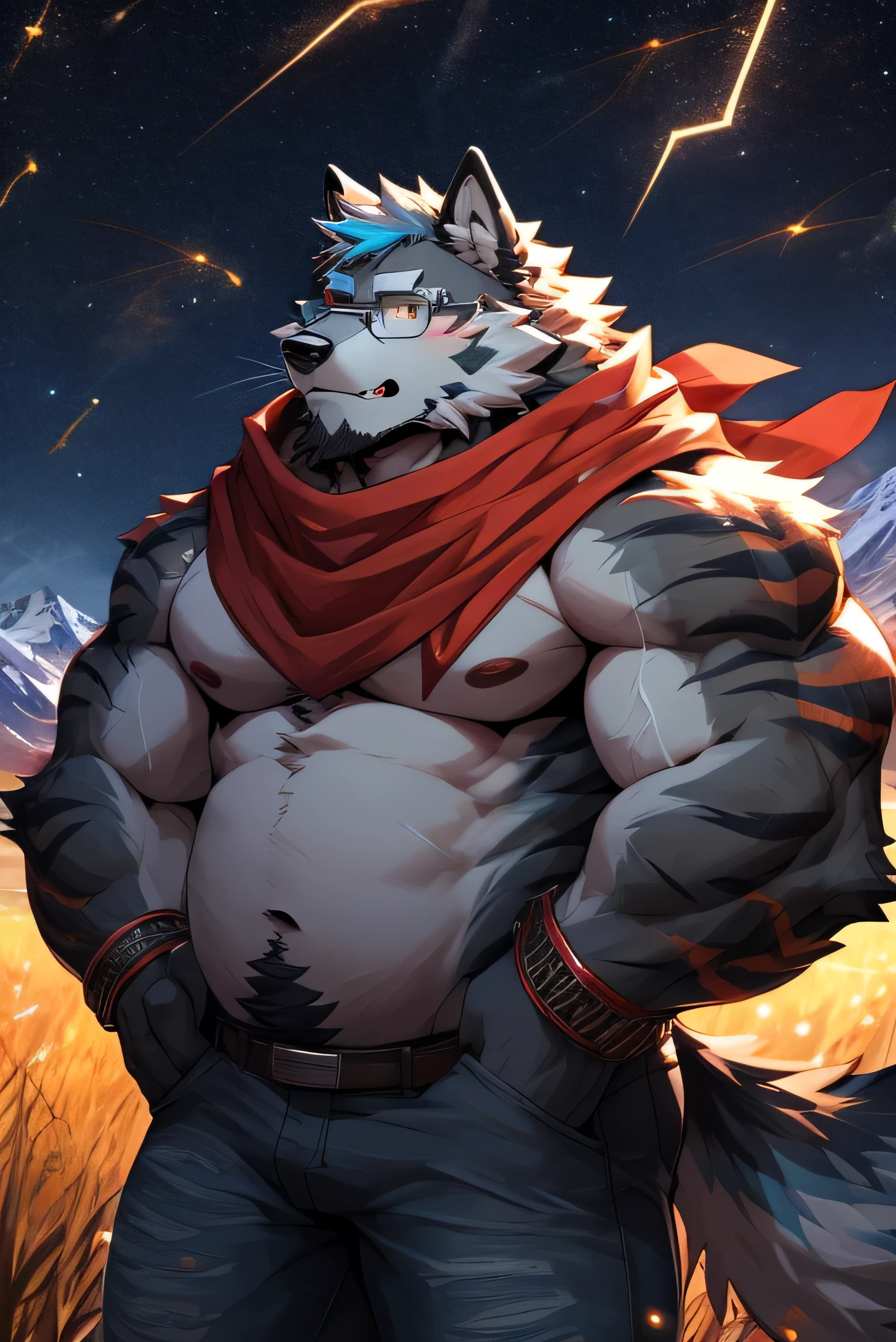 alone, fat muscular man, dad bod, belly, big pecs, ash grey hairy wolf, faded haircut ((black color)), big thick beard ((black color)), whiskers, amber eyes, ((red scarf)), ((glasses)),
electrified stripes on arms, electricity on arms, stripes on arms ((cyan color)) white belly, hairy, wolf tail, wolf ear, bracelets, jeans, boots, pecs, fangs, in the field, mountains in the background, at night, starry night, fireflies around, blushing,