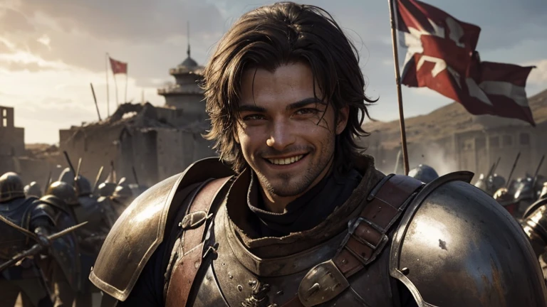 A medieval warrior is smiling and winking after a victorious battle. He is wearing scratched and dirty armor, but his face shows a satisfied and confident smile. The background features a battlefield in ruins, with some fallen enemies and tattered flags. The sunlight highlights the warrior, emphasizing his relaxed and triumphant expression. The atmosphere is one of relief and pride, marking the end of an intense fight.