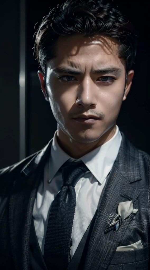 Portrait of a man in a suit and tie，deep dark background, Male portrait, handsome detailed face, handsome stunning realistic, Realistic moody facial lighting, epic and classy portrait, cinematic realistic portrait, Handsome male, extremely detailed man, Anime portrait of a handsome man