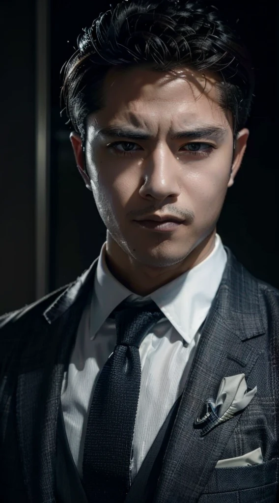 Portrait of a man in a suit and tie，deep dark background, Male portrait, handsome detailed face, handsome stunning realistic, Realistic moody facial lighting, epic and classy portrait, cinematic realistic portrait, Handsome male, extremely detailed man, Anime portrait of a handsome man