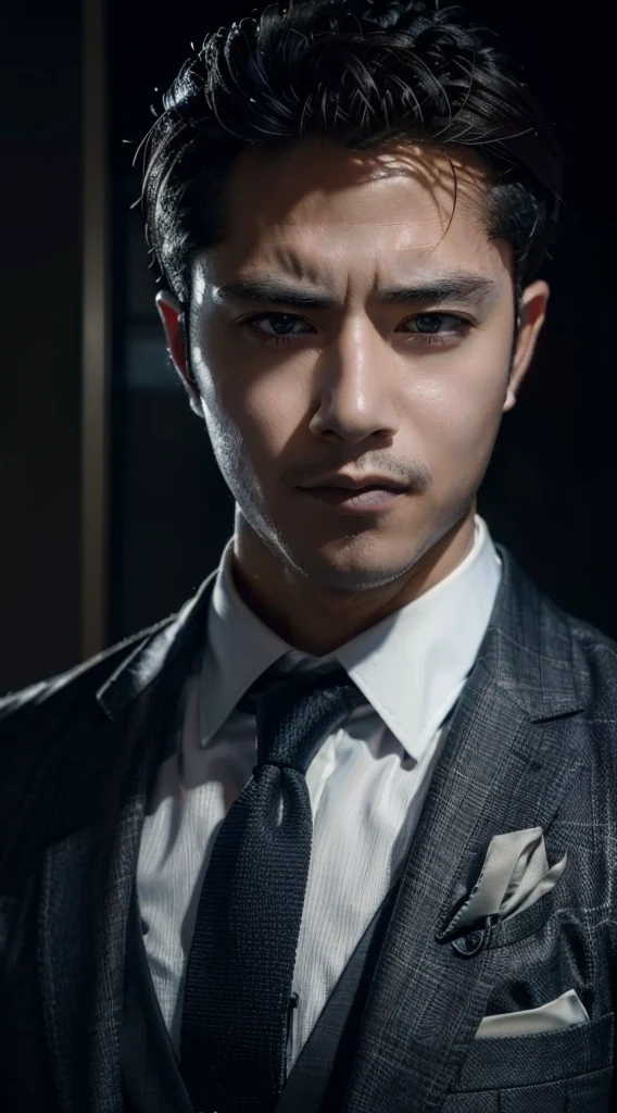 Portrait of a man in a suit and tie，deep dark background, Male portrait, handsome detailed face, handsome stunning realistic, Realistic moody facial lighting, epic and classy portrait, cinematic realistic portrait, Handsome male, extremely detailed man, Anime portrait of a handsome man