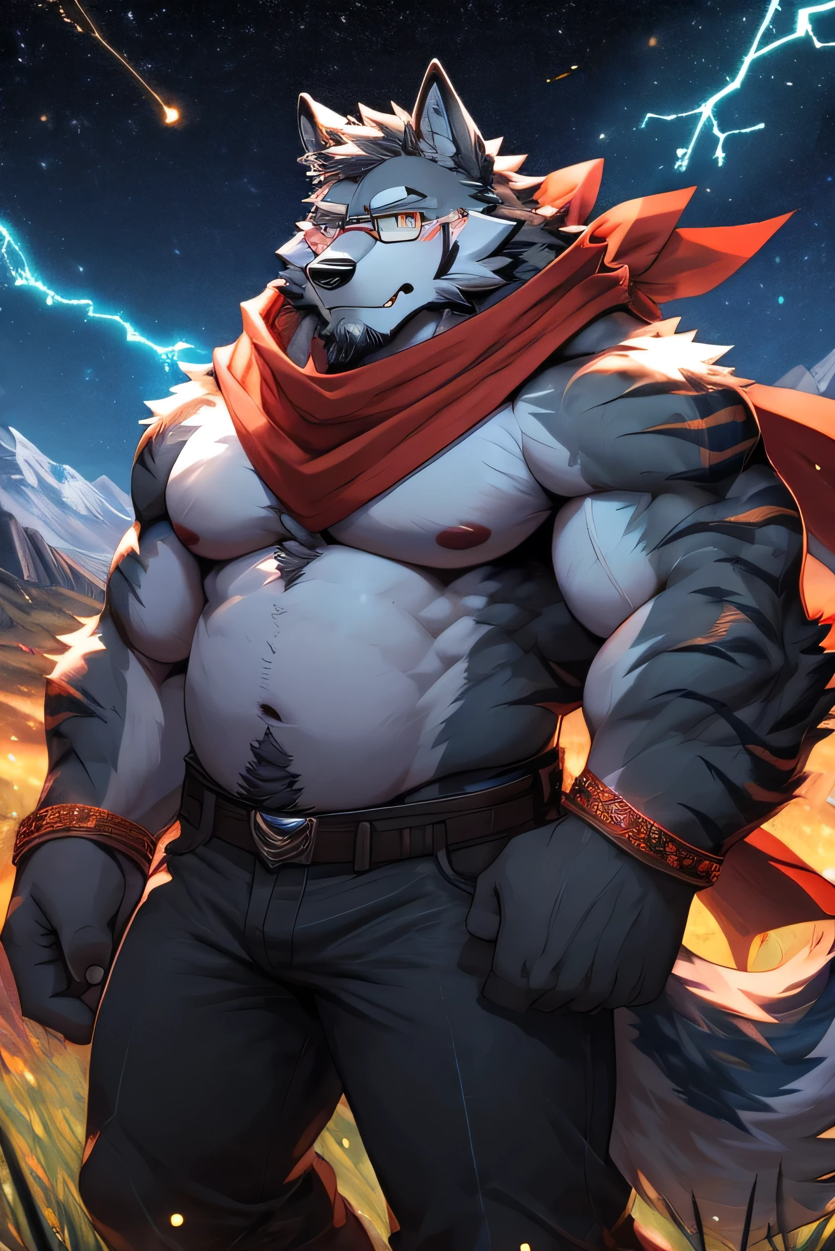 alone, fat muscular man, dad bod, belly, big pecs, ash grey hairy wolf, faded haircut ((black color)), big thick beard ((black color)), whiskers, amber eyes, ((red scarf)), ((glasses)),
electrified stripes on arms, electricity on arms, stripes on arms ((cyan color)), electricity particle around, electric particles, visual effect of electricity, white belly, hairy, wolf tail, wolf ear, bracelets, jeans, boots, pecs, fangs, in the field, mountains in the background, at night, starry night, fireflies around, blushing,