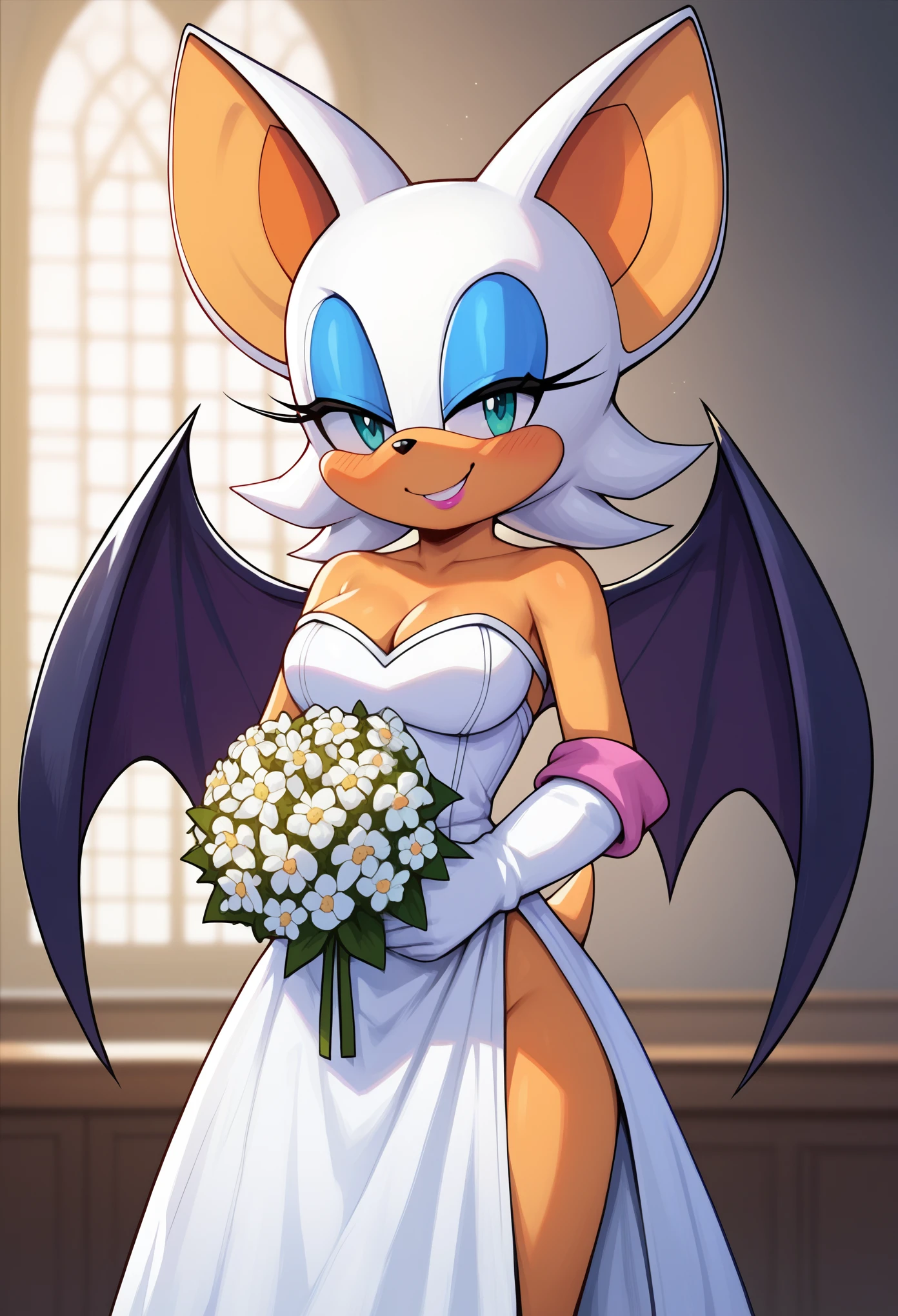 score_9, score_8_up, score_7_up, score_6_up, score_5_up, score_4_up, rouge the bat, (front view), (2D anime style), (short body), (wearing a white wedding dress), anthro furry, orange fur, cyan eyes, bat ears, small tail, orange tail, cleavage, white sleeve gloves, sexy curves, big head, (solo), (standing), (seductive pose), shy, (blush), smile, (looking at viewer), (seductive look), (holding a bouquet of flowers), (church background)