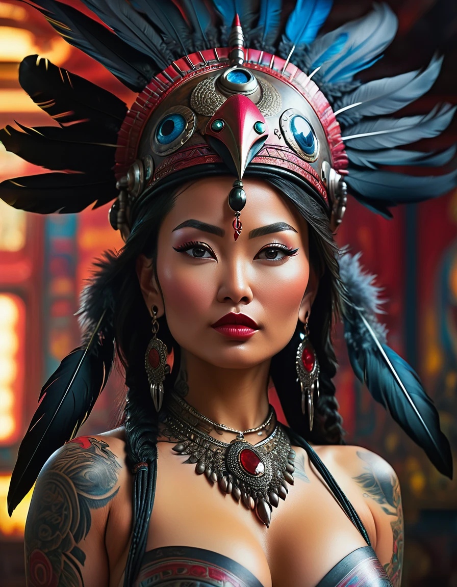 full body view, topless, , oil painting style, spaceship interior, beautiful busty nude Mongolian woman, tattoo, ruby jewelry, black feather headdress, detailed face, detailed eyes, detailed lips, extremely detailed, intricate details, cinematic lighting, dramatic shadows, vivid colors, photorealistic, 8k, high quality, masterpiece, digital art