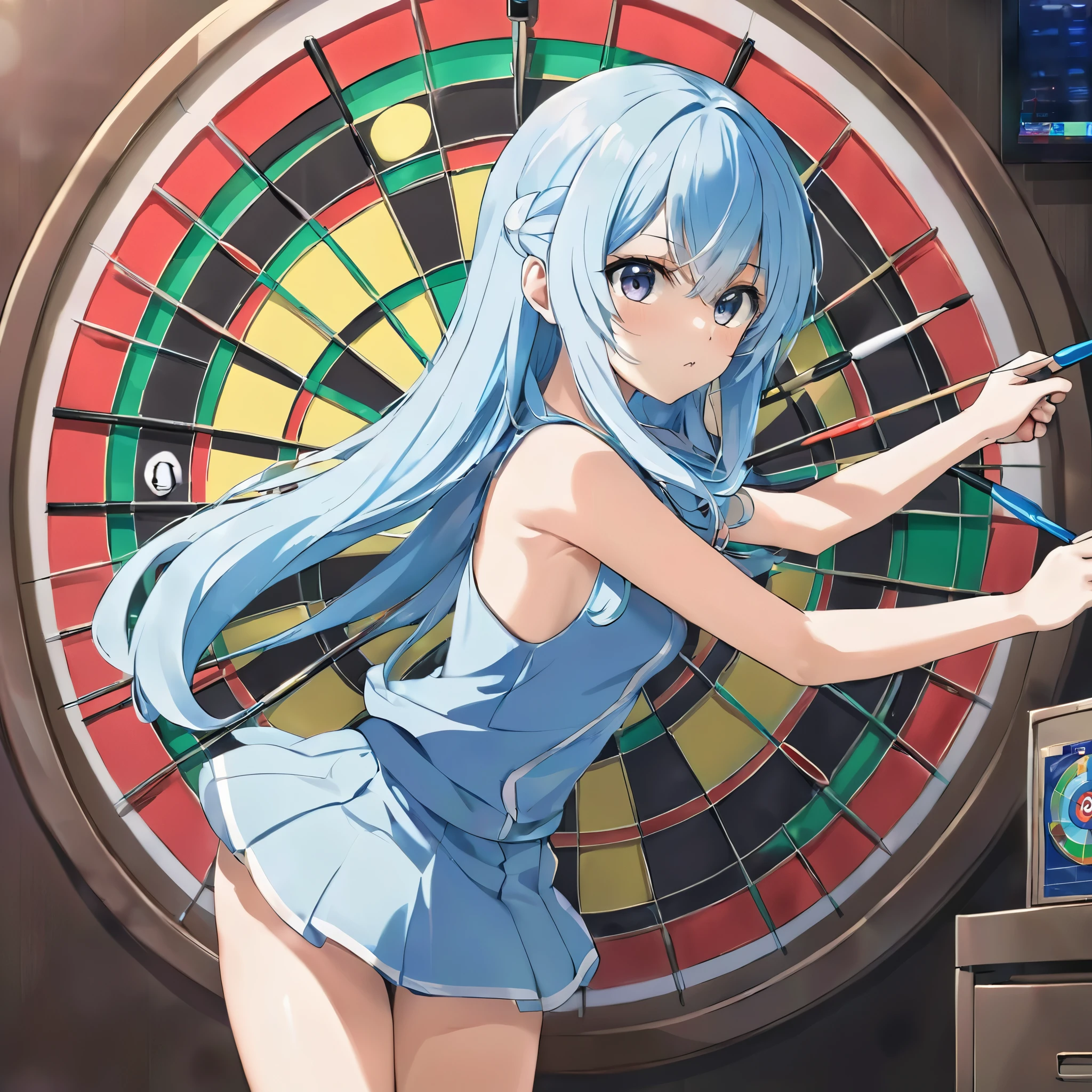 Anime girl with long light blue hair playing darts, Darts Bar、Heading towards the target with a dart、Anime Style 4k, anime art wallpaper 4k, anime art wallpaper 4k, Anime Girl Desktop Backgrounds, Anime Art Wallpapers 8K, anime wallpaper 4k, Anime Background, anime wallpaper 4k, 4k anime wallpaper, Anime atmosphere