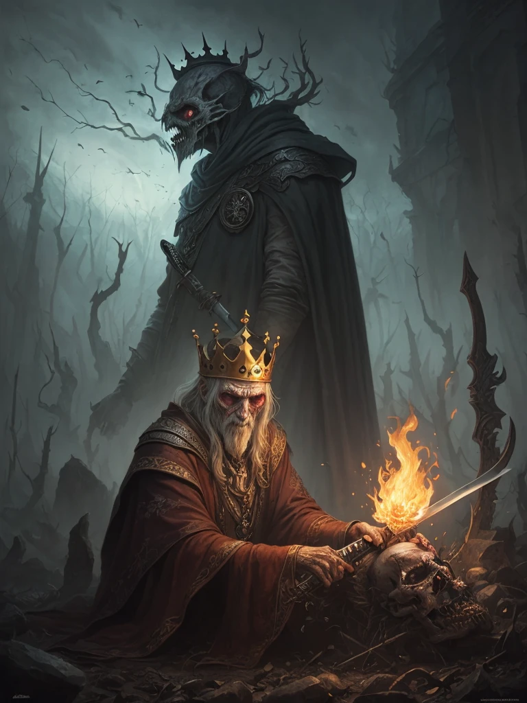 an evil old necromancer that looks like a dry corpse with a golden crown on his head, long gray hair and, he has fearful look, holds long sword, fantasy art, concept art, johan grenier, trending on artstation, national geographic photo, peter mohrbacher, astral, aurora, detailed, ominous, photorealistic, mark brooks, hyperrealistic, seb mckinnon, horror style, mythological