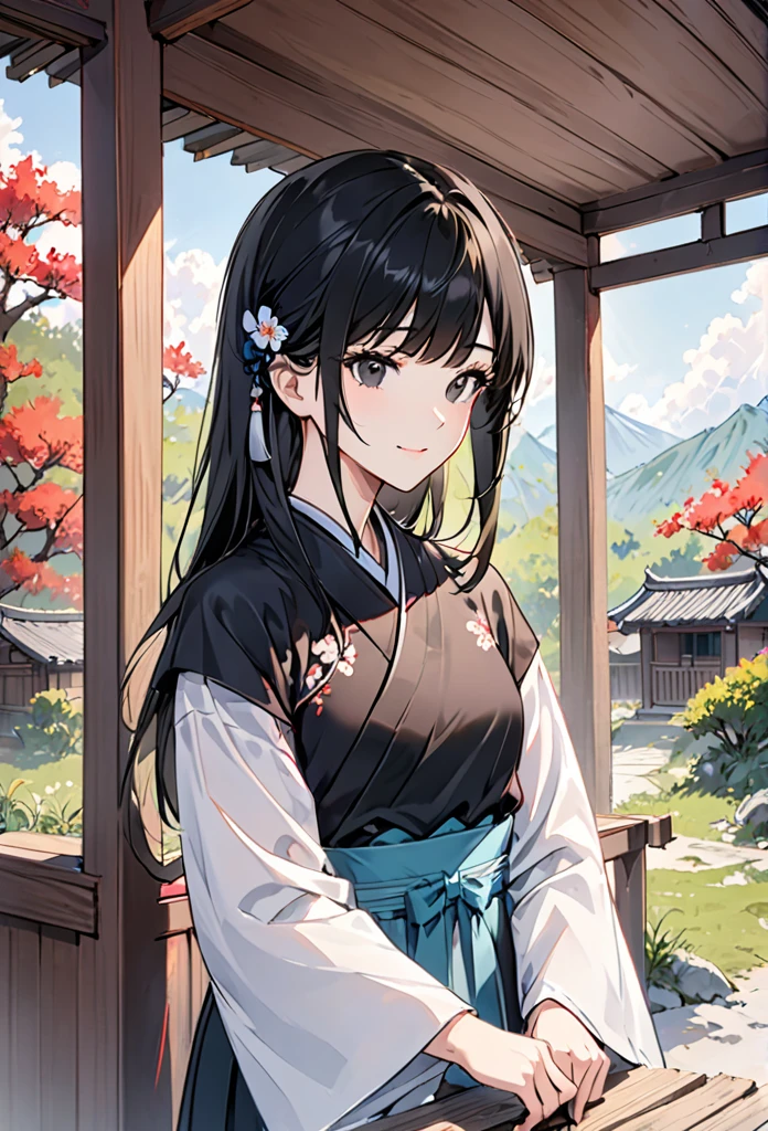 {{upper body}} 1girl, caring and calm female, raven black hair, straight hair, waist length hair, straight bangs, serene black eyes, soft smile, wearing tradicional chinese clothing, chinese hanfu, outside a small cabin house, chinese historical, good quality, pov.