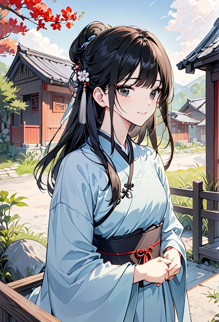 {{upper body}} 1girl, caring and calm female, raven black hair, straight hair, waist length hair, straight bangs, serene black eyes, soft smile, wearing tradicional chinese clothing, chinese hanfu, outside a small cabin house, chinese historical, good quality, pov.