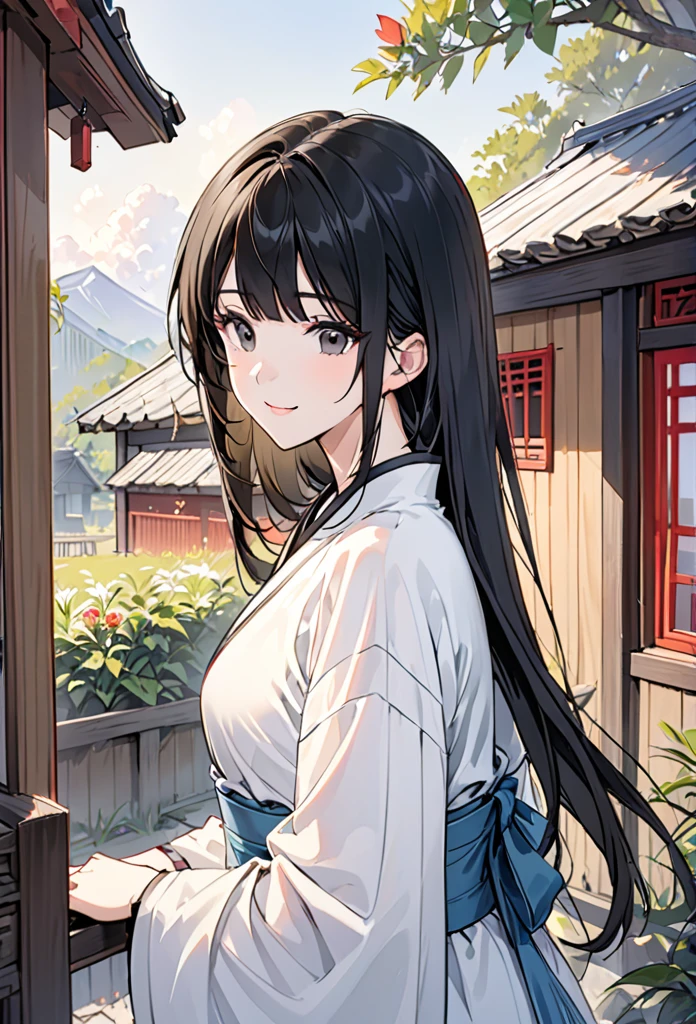 {{upper body}} 1girl, caring and calm female, raven black hair, straight hair, waist length hair, straight bangs, serene black eyes, soft smile, wearing tradicional chinese clothing, chinese hanfu, outside a small cabin house, chinese historical, good quality, pov.