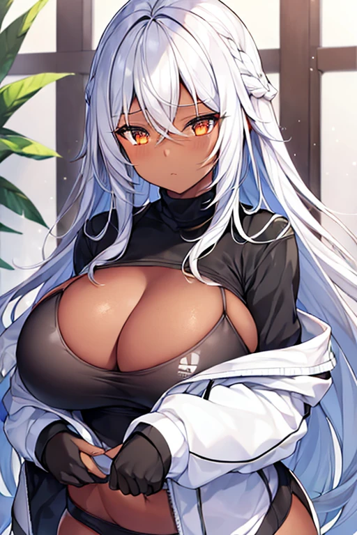 1girl, dark skin, black skin, dark-skinned female, white hair, long hair, large breasts, wide hips, thick thighs, sportswear, shy, sports bra, hourglass figure, mature female, clothes, jacket, white jacket