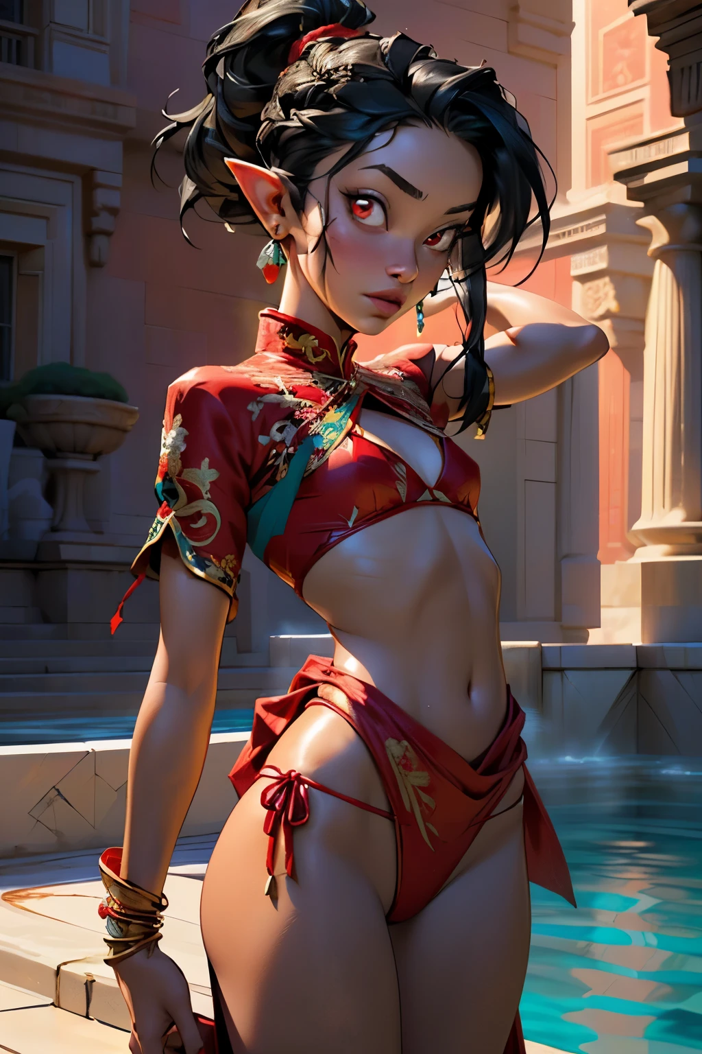 cute elf ,girl, 1girl,(((little ,tiny little body,small))),(((6 ))),((anime elf  with extremely cute and beautiful black hair)),(((elf, elf ears))),

(((flat chest))),((((black hair:1.35,ponytail braid hair,colored inner hair,ear breathing)))),(((red_eyes:1.3))),intricate eyes,beautiful detailed eyes,symmetrical eyes,big eyes:1.5,(((lustrous skin:1.5,bright skin: 1.5,skin tanned,shiny skin,very shiny skin,shiny body,plastic glitter skin,exaggerated shiny skin,illuminated skin))),(delicate detailed fingers,detailed body,detailed arms,human hands,(detailed face)),

cute,slutty,erotic,daring,nsfw,

zettai ryouiki,revealing clothing,show skin,(((Sexy red arabian clothes, red arabian outfit, wearing a red sexy arabian clothes:1.3,red arabian bikini))),((red loincloth,visible thong straps)),(red clothes,semi-naked,with little red clothing),(((intricate outfit,intricate clothes,embroidered outfit,ornate outfit,embroidered clothes,ornate clothes))),

(dynamic pose:1.0),embarrassed,(centered,scale to fit dimensions,Rule of thirds),

((beautiful bath house made of arab marble and arab pillars, beautiful clear water in pool)),scenery:1.25,((intricate scenery)),((arab palace background)),extremely scenery,(sunset, golden hour),

(Glossy winter ornaments),highres,sharp focus,(ultra detailed,extremely detailed),(photorealistic artwork:1.37),(extremely detailed CG unity 8k wallpaper),(((vibrant colors,vibrant theme))),(intricate),(masterpiece),(best quality),artistic photography,(photography taken by sldr),(intricate background),perfect rendered face,perfect face details,realistic face,photo realistic,((intricate detail)),(((realism))),
