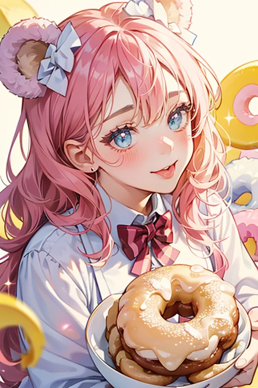A french cruller girl Num winking with her tongue sticking out, has bear ears and faint pink blushed cheeks. She has lemon cream spread out on her head, and she wears a powdered donut bow.  SPARKLE; GLITTER