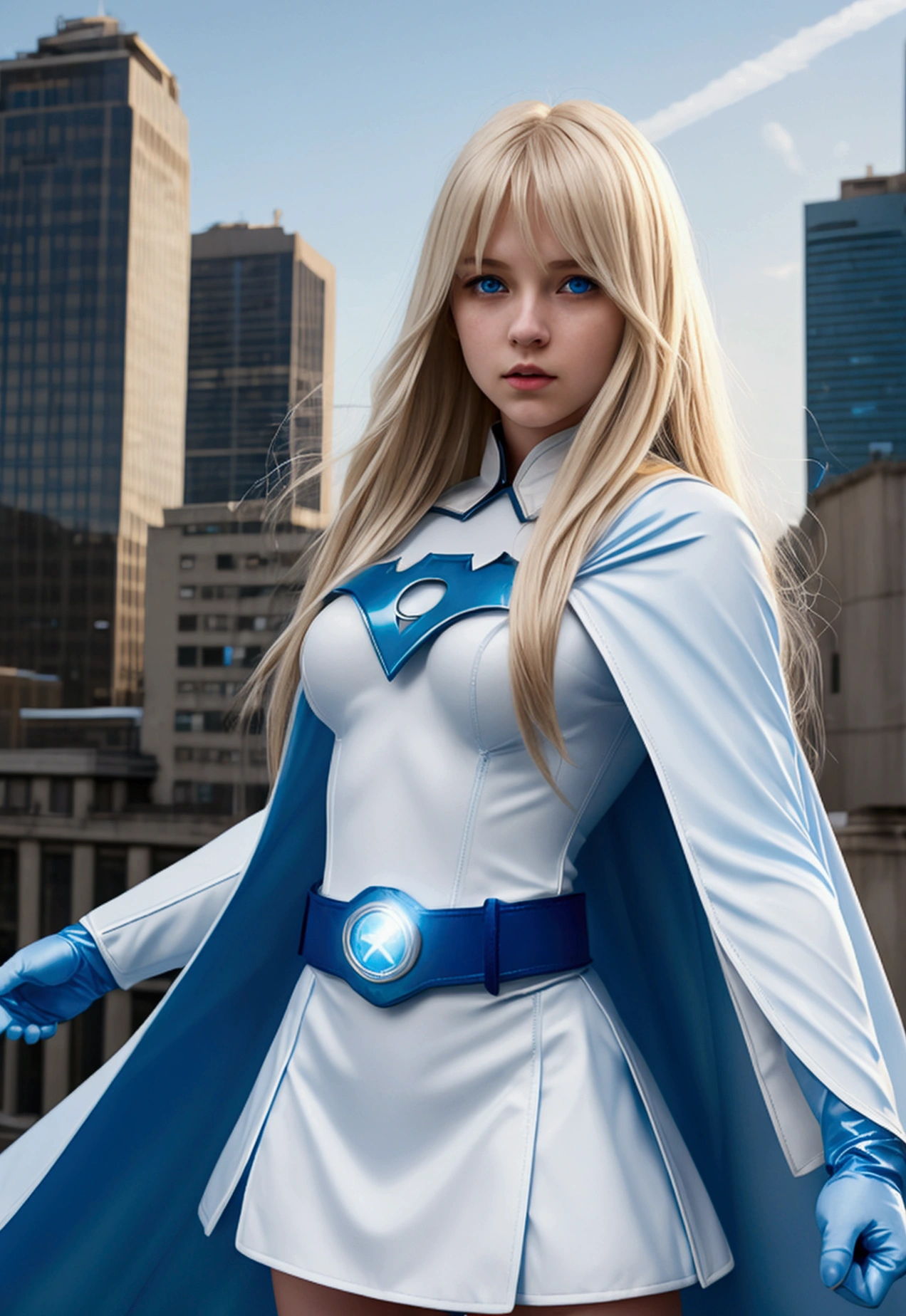 20 year old girl with long straight light blonde hair with a bang, blue eyes, white superhero costume, blue gloves, light blue cape and white skirt, long sleeves, light blue belt, city background