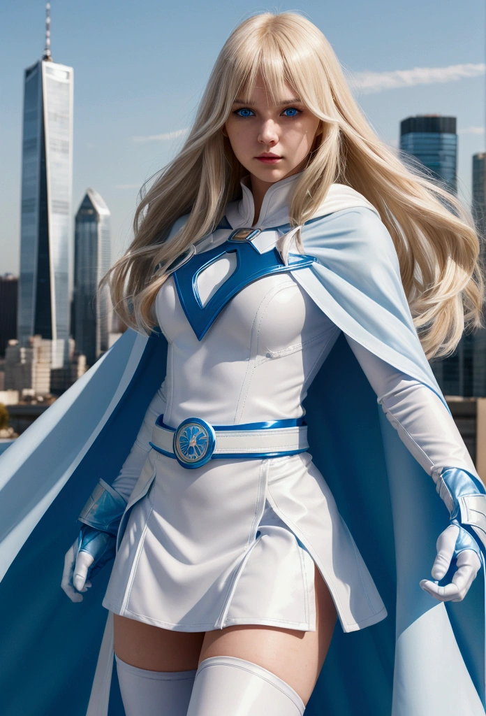 20 year old girl with long straight light blonde hair with a bang, blue eyes, white superhero costume, blue gloves, light blue cape and white skirt, long sleeves, light blue belt, city background