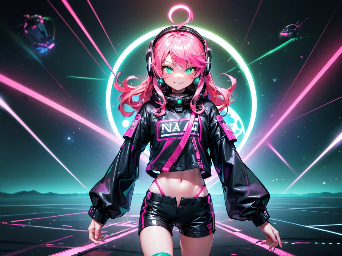 masterpiece:1.4, One girl ((20-year-old, Wearing a long-sleeved shirt, tight black shorts, sneakers, Medium chest, Multicolored pink hair, Curly Long Hair, Green Eyes:1.4, Wear headphones, Happy, smile, close, Floating in space:1.One Earth with galaxy in background:1.1, Neon and energetic atmosphere:1.2)) ((at night)) ((alone:1.6))
