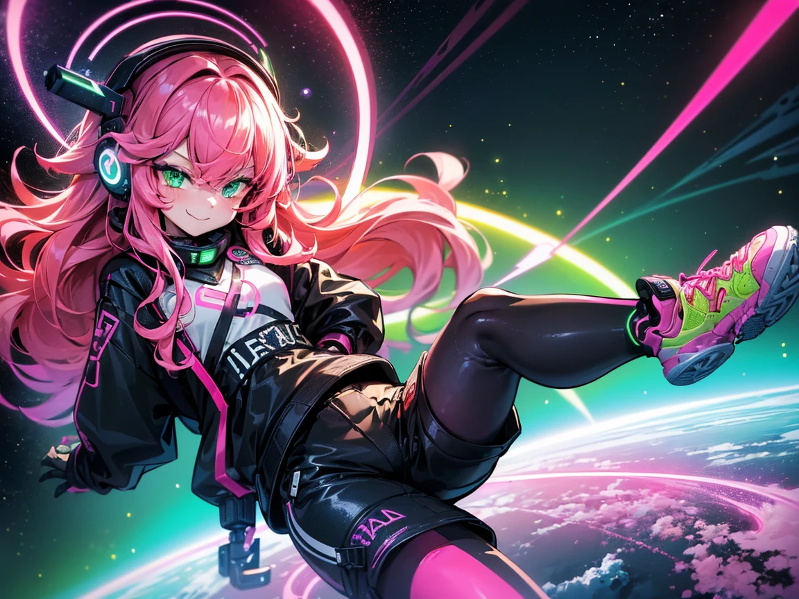 masterpiece:1.4, One girl ((20-year-old, Wearing a long-sleeved shirt, tight black shorts, sneakers, Medium chest, Multicolored pink hair, Curly Long Hair, Green Eyes:1.4, Wear headphones, Happy, smile, close, Floating in space:1.One Earth with galaxy in background:1.1, Neon and energetic atmosphere:1.2)) ((at night)) ((alone:1.6))
