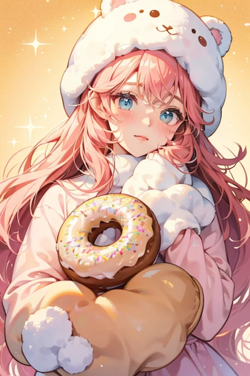 A donut girl bear Num with a basic face and faint blushed cheeks. Covering her head is peach icing, along with a yellow dollop of cream and a drizzle.  SPARKLE; GLITTER