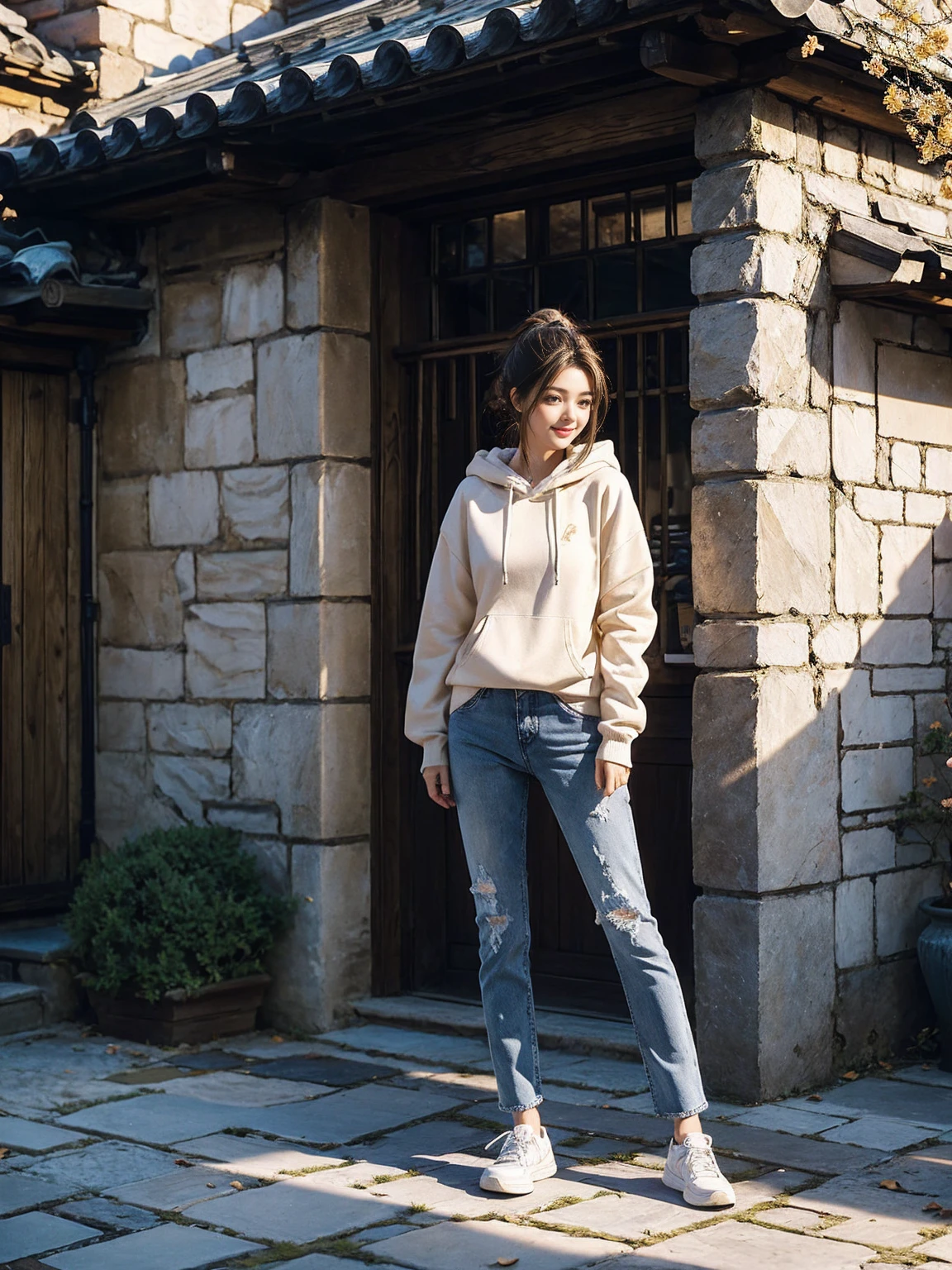 *Young woman*, *20 years old*, *skateboarding*, *ancient cobblestone street*, *European old town*, *slender figure*, *fair skin*, *blue eyes*, *bright smile*, *golden hair*, *loose ponytail*, *grey hoodie*, *hood up*, *ripped jeans*, *white sneakers*, *black leather bracelet*, *small black backpack*, *captured mid-trick*, *graceful movement*, *afternoon sunlight*, *warm light rays*, *soft shadows*, *historic stone buildings*, *large windows*, *colorful flowers on balconies*, *winding cobblestone paths*, *peaceful nostalgic atmosphere*, *local people*, *outdoor cafe*, *casual chatter*, *spring air*, *floral scent*, *birds chirping*, *gentle breeze*, *rustling young leaves*, *golden sunset glow*, *tranquil romantic scene*, *youthful energy*, *natural beauty*, *immersive photorealistic environment*.