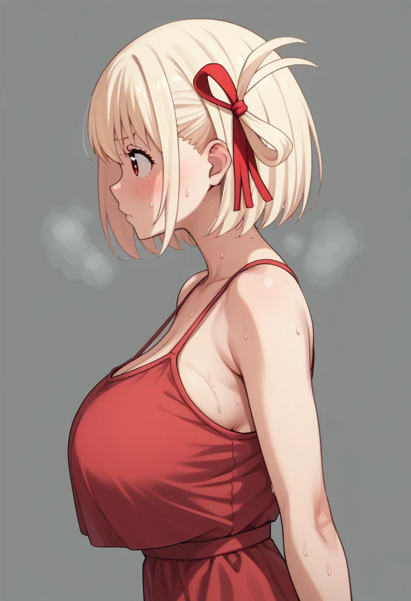 Huge breasts、blush、Sweat、In the heat、alone, One girl, Nishikigi chisato, chisato nishikigi, short hair, bangs, blonde hair, red eyes, hair ribbon, one side up, bob cut
{Highest quality}, {so beautiful}, {Very detailed}, {Best illustrations},Life、slim:1.5、Camisole long maxi dress(tight)、Are standing、From the side