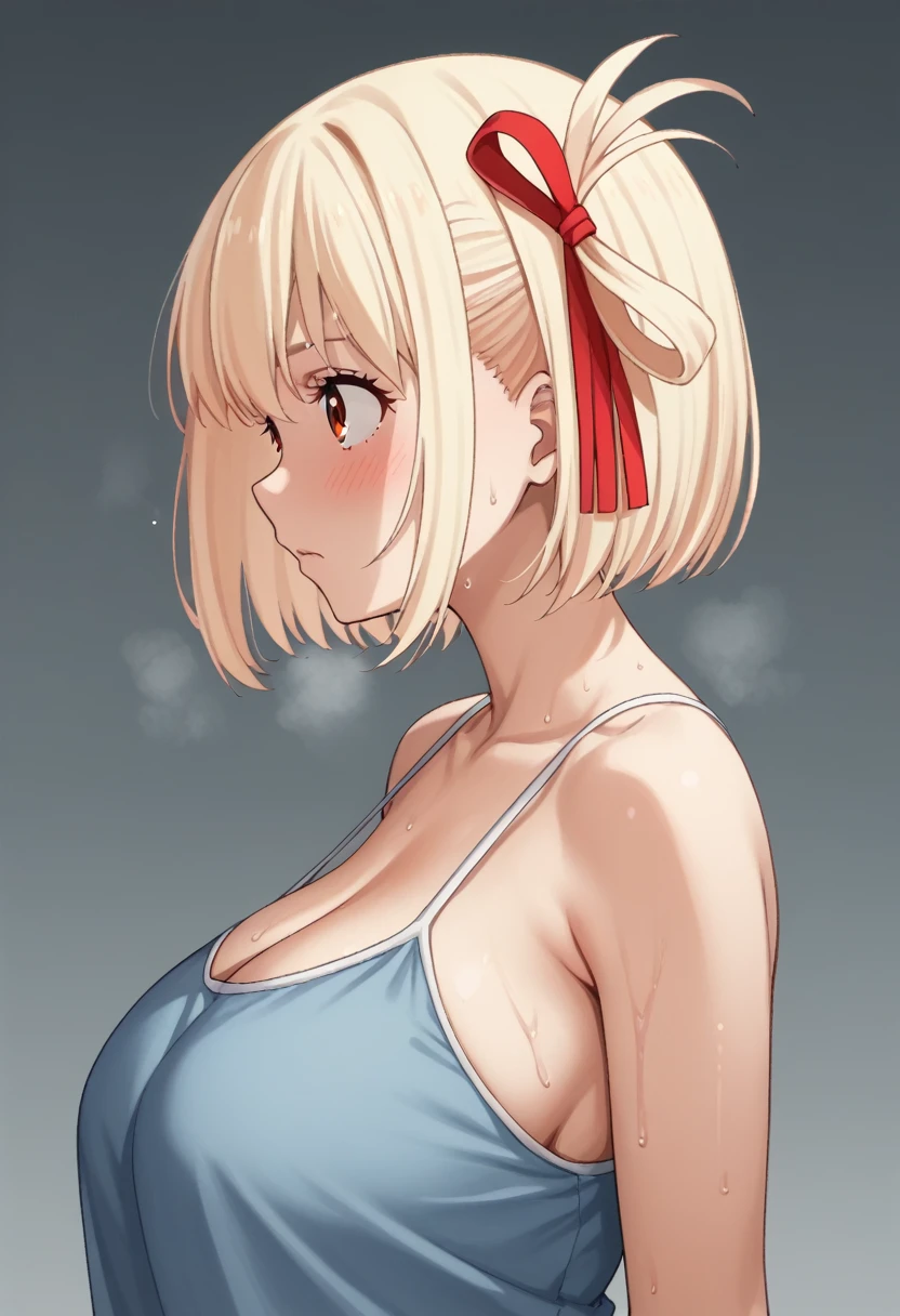 Huge breasts、blush、Sweat、In the heat、alone, One girl, Nishikigi chisato, chisato nishikigi, short hair, bangs, blonde hair, red eyes, hair ribbon, one side up, bob cut
{Highest quality}, {so beautiful}, {Very detailed}, {Best illustrations},Life、slim:1.5、Camisole long maxi dress(tight)、Are standing、From the side