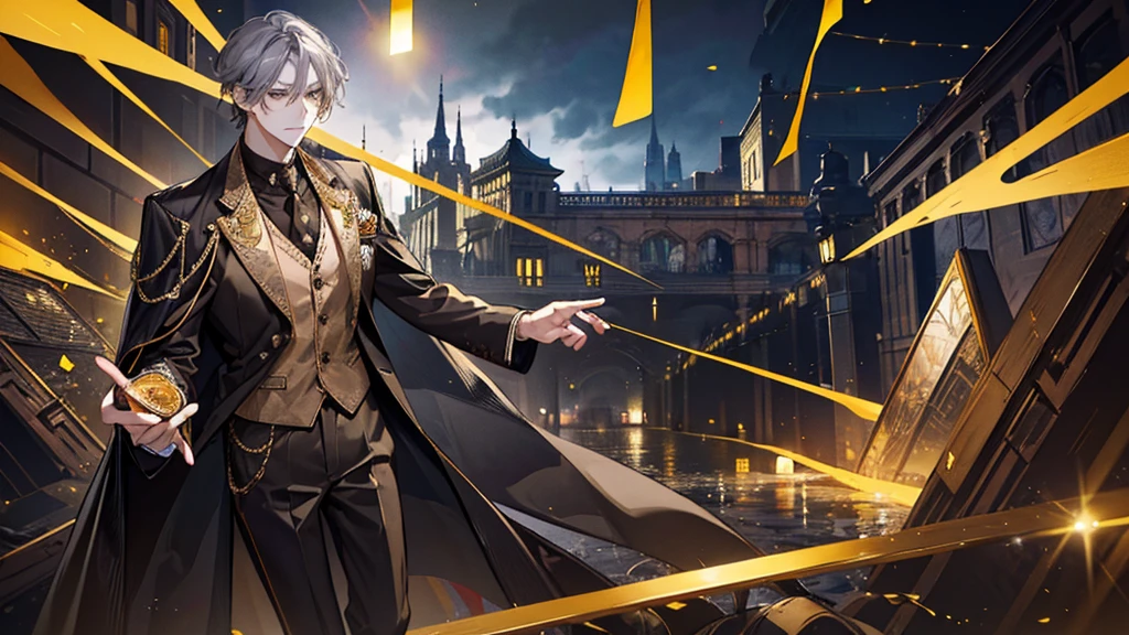Checked brown suit、Gold vest、Brown cane、Black shiny leather shoes、Gray Hair、Yellow Eyes、bank、money、Gold coins、limousine、Red carpet、Confetti