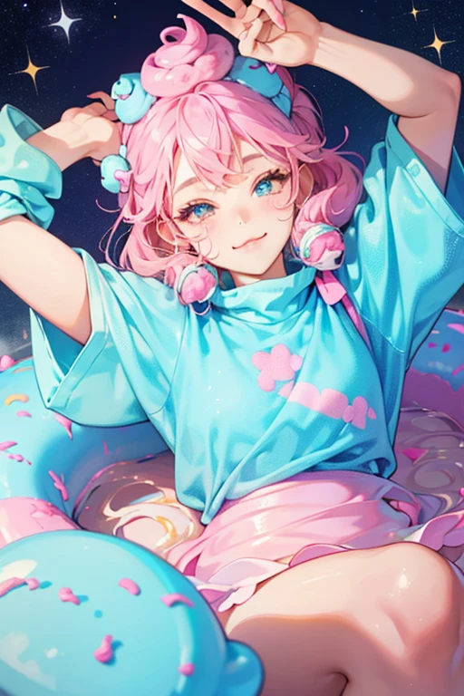 She is a donut girl cat with no mouth and winking eye. Light blue icing covers her head with pink frosting or syrup seeping out of her head, matching her sprinkles. SPARKLE; GLITTER
