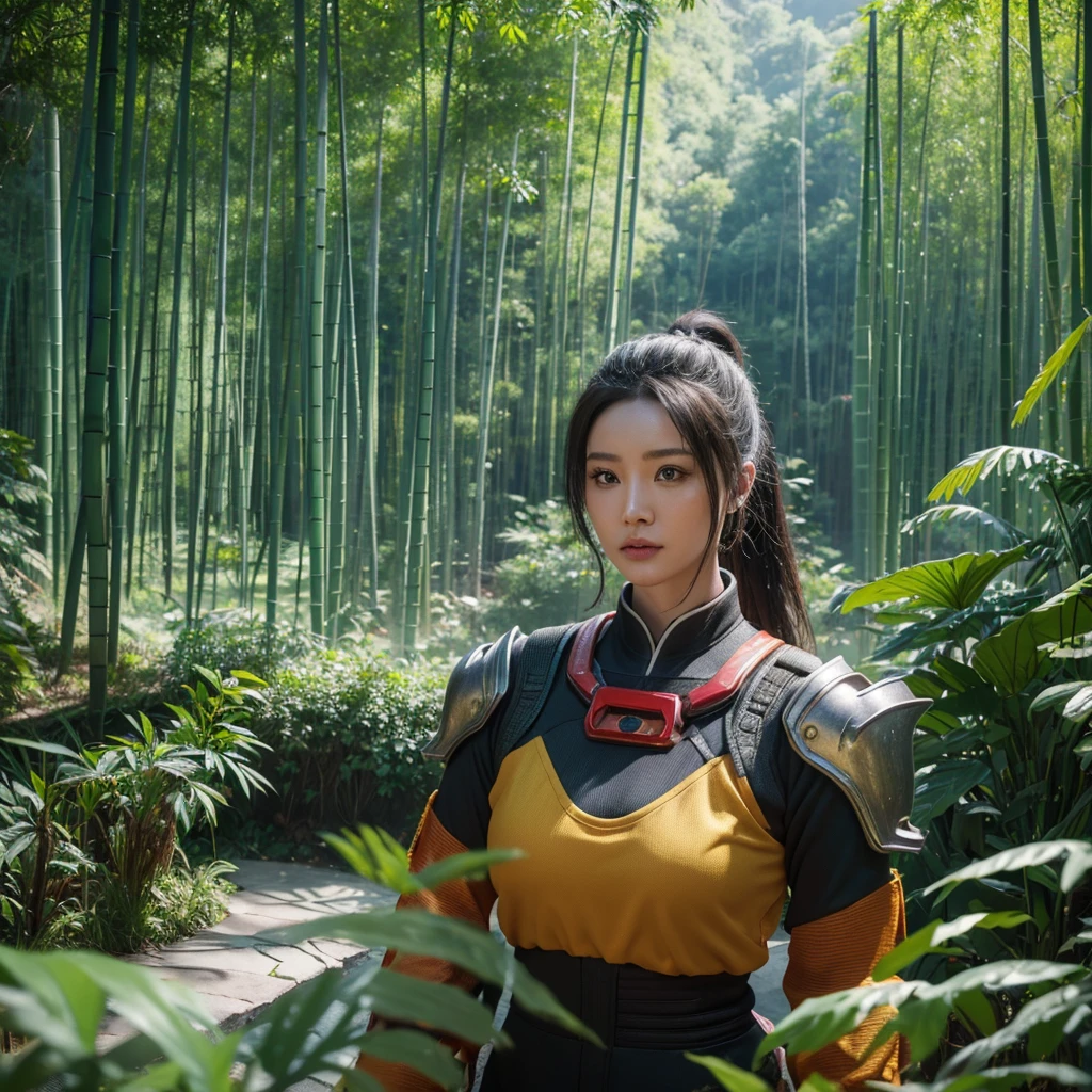 Bamboo forest Chinese architecture Photo close-up of the landscape, colorful vivid octane render, cybernetic and highly detailed, loba andrade from apex legends, created in unreal engine 5, made in unreal engine 5, trending on unreal engine 5, anfas portrait of a mech warrior, fantasy style 8 k octane render, rendered in unreal 5, rendered in high octane