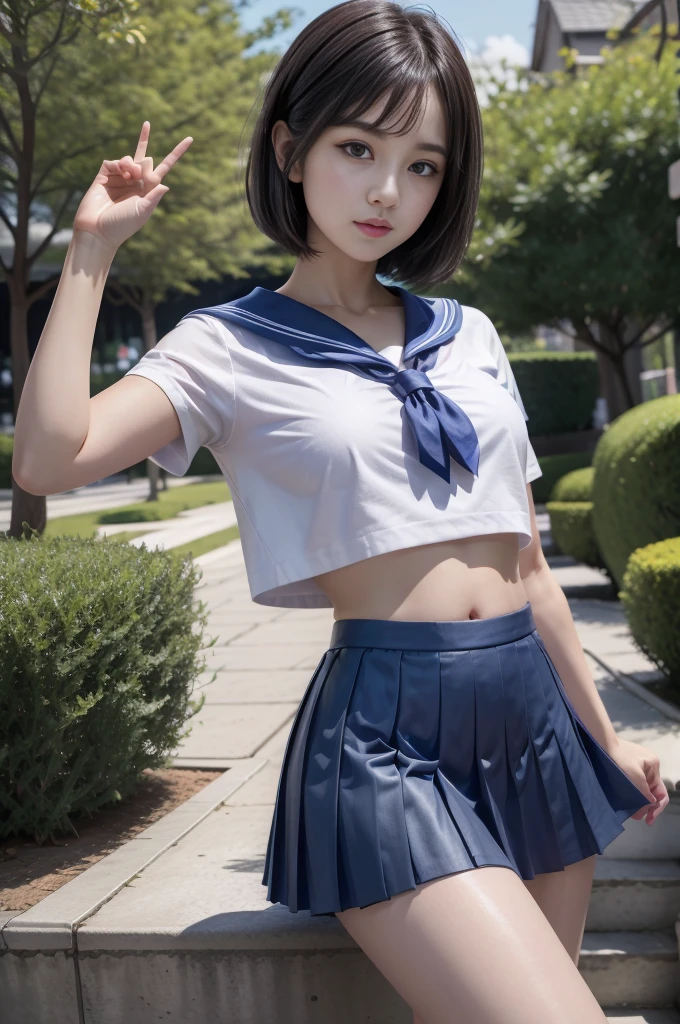 sailor suit, Show me the udder, big breasts, big nipples, big areola, Spread your legs、show crotch, mini skirt, pleated skirt, Exposed crotch, Thighs, female organ, short hair, , smile, Good alignment of teeth, School zone,