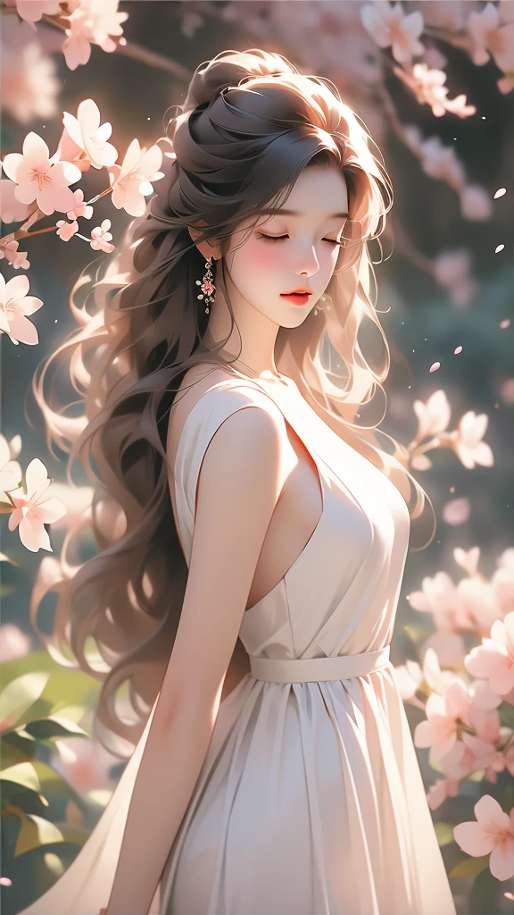 a woman is posing for a shot among the flowers of the tree, 1girl, solo, dress, closed eyes, realistic, cherry blossoms, white dress, long hair, flower