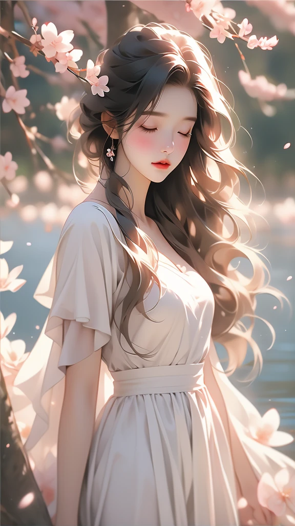 a woman is posing for a shot among the flowers of the tree, 1girl, solo, dress, closed eyes, realistic, cherry blossoms, white dress, long hair, flower