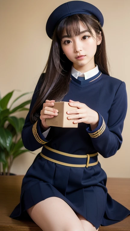 Highest quality, Face Focus, Soft Light, Ultra-high resolution, (Realistic:1.4), RAW Photos,(A small smile:0.4),
1 Japanese girl, alone, cute, (pupil, Light in your eyes),  Beautiful face in every detail, (Small box),(High resolution detail of human skin texture),
(Midi Hair),
indoor,
(Navy uniform:1.6),
(Upper thigh:1.6)
