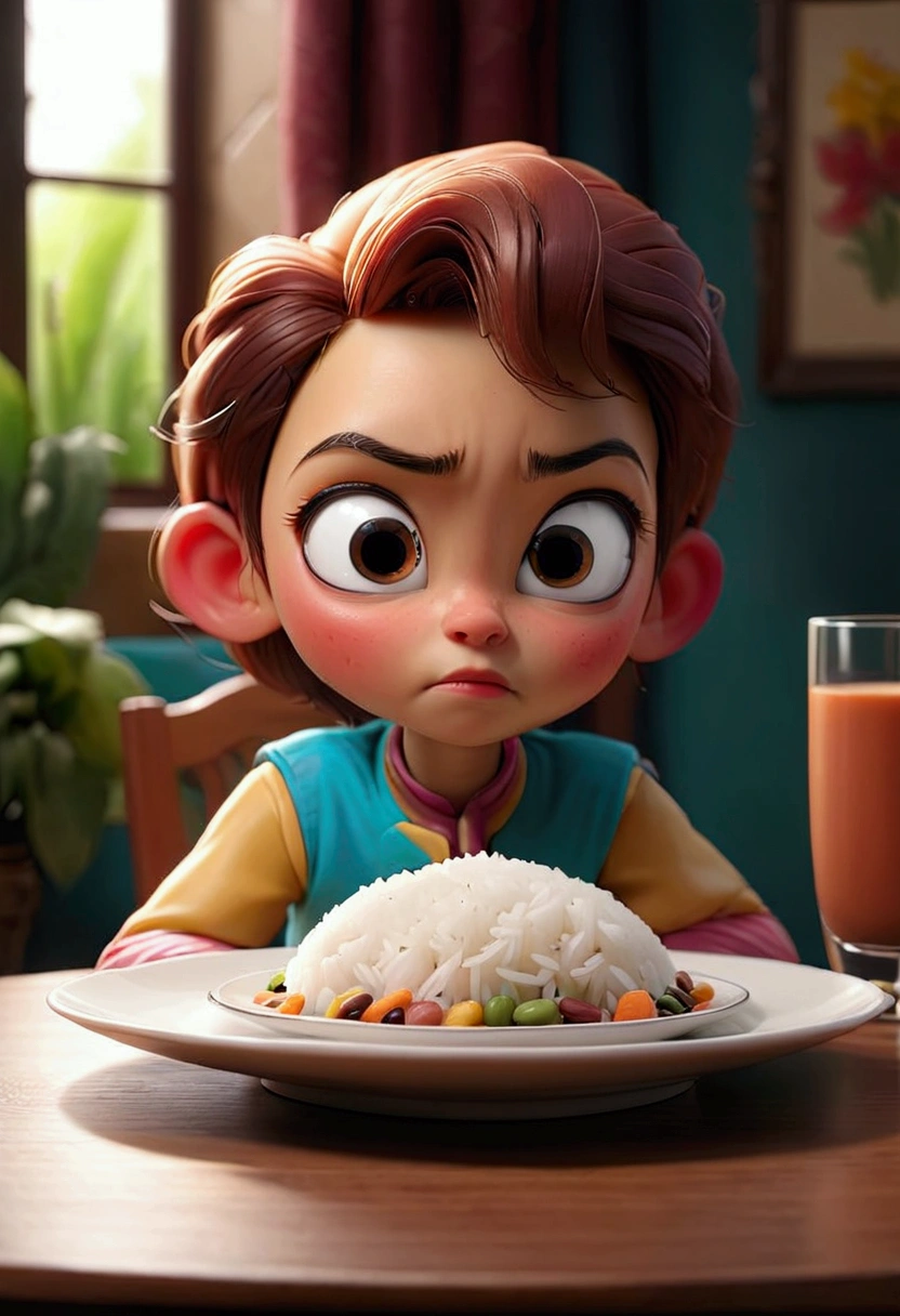 On the dining table a plate with just a grain of rice and a grain of beans