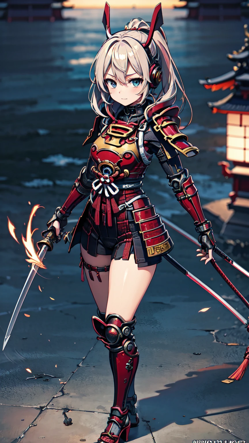 (Official Art、Highest quality、unity 8k wallpaper、32K、 masterpiece、Very detailed、High resolution,Perfect Anatomy),(Natural soft light:1.2),細部まで美Funny faceと目,20 year old beauty, Adult women, Hatsune Miku, Samurai Girl((Japan Armor Musha)), (Cybernetic Leotard), ((cyber punk)), High heels, masterpiece, Highest quality, Ultra fine, Rin々Funny face, Anime Visual, sf, good_face: 0.8