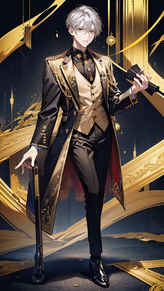 Anime clockwork wizard male in a tower wearing a suit, with grey hair, holding a cane, extreme quality, masterpiece