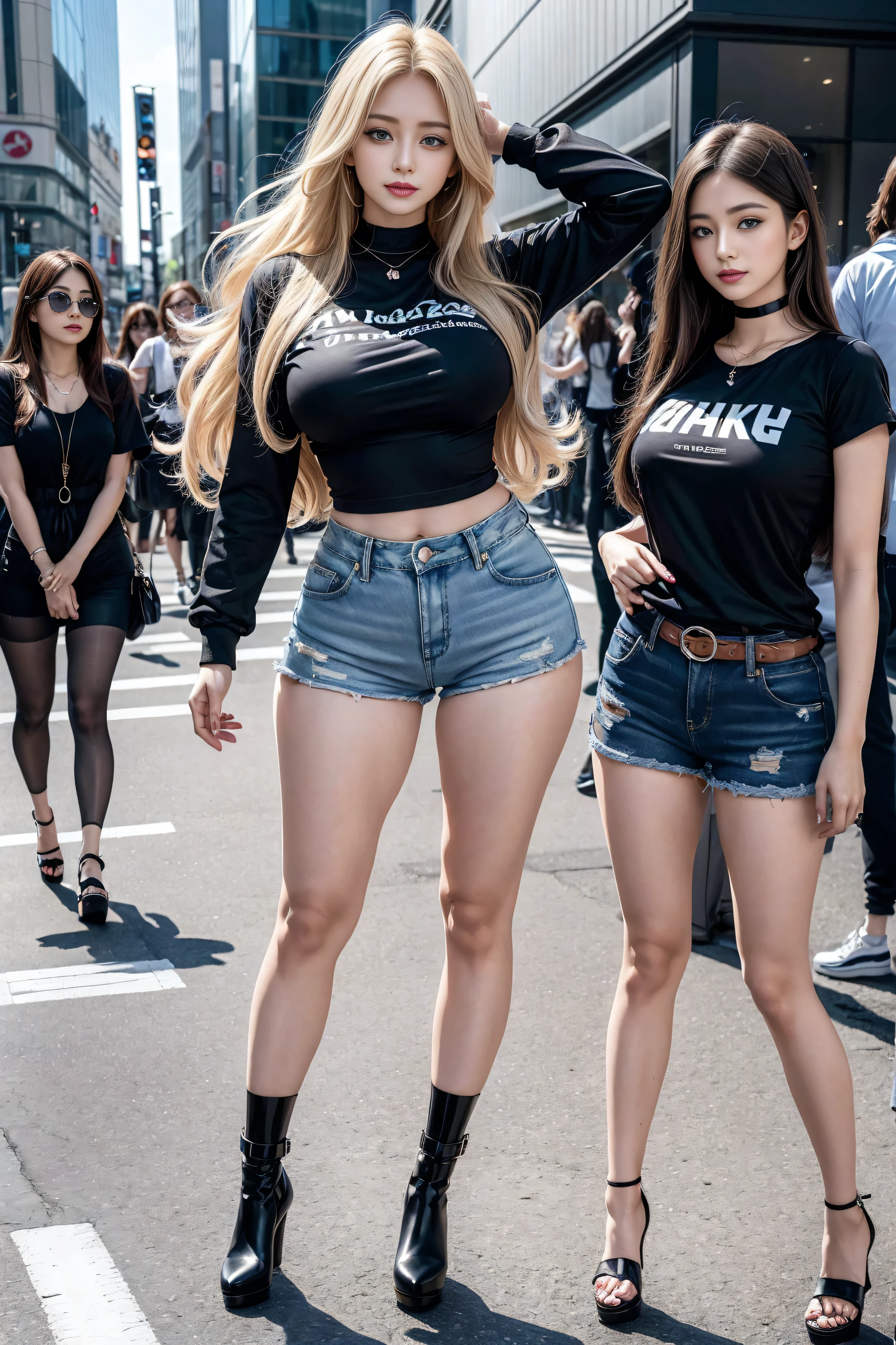 1 girl, (blue eyes), (They smiled), (In the name of Mina), Wide hips, tetas What's the big deals, What's the big deal, (best quality, 8K, masterpiece: 1.3), Perfect hands, Be focused: 1.2, Perfect body beauty: 1.4, Slim abdominal muscles: 1.2, Highly detailed face and skin texture, Exquisite eyes, Double eyelids, (Long blond hair), (Black stand collar T-shirt), (Denim shorts :1.1), (High heel :1.3), Everlasting, Dynamic poses, Background Tokyo Shibuya Crossing.