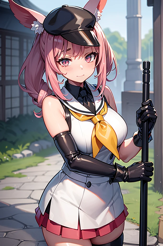 masterpiece, Best Quality, Sakura Bakushin oh (Uma Musume), visibly soaked in rain, with droplets forming on the brim of her hat and clinging to her close-up face, under the nuanced play of cloud-shadow and light. She stands in front of a serene, rain-washed house, her arms raised high, raindrops collecting in her closed mouth, her characteristically black gloves contrasting against her sleeveless top. A yellow neckerchief is tied around her neck, and a crisp shirt and tie adorn her, her hair tied up in a neat ponytail.
