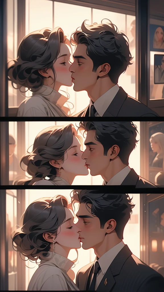 a man and a woman exchange a kiss on the mouth behind a glass enclosure, 1girl, 1boy, kiss