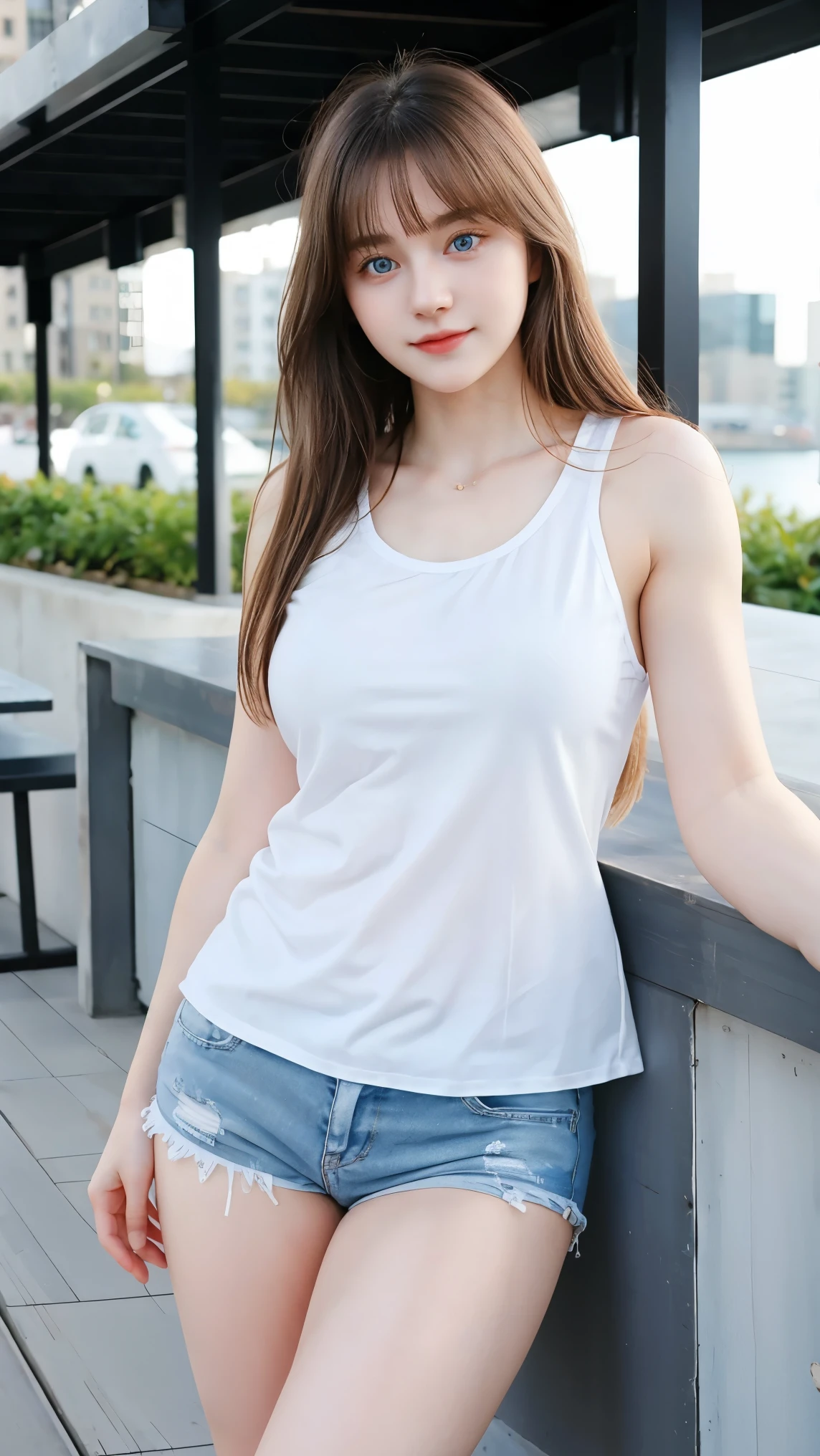 Gorgeus Girl, Beautiful, Baby Face, 20 Years Old, White Skin, Beside, Sexy Pose, White Loose tanktop, Blue Eye, Muscles, Bokeh, Modern Place Background, Masterpiece, Fullbody Shot