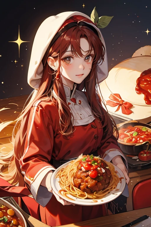 Hearty Spaghetti is a spaghetti girl bear Num with a basic expression and sauce covering her head. She has two leaf, a single meatball, and a slice of tomato on top. SPARKLE; GLITTER