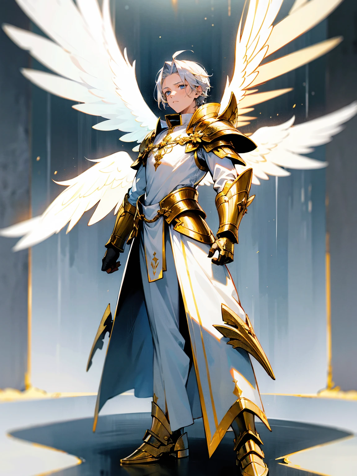 Young male, silver hair, angel wings, white tunic, golden armor, stoic expression, standing on path