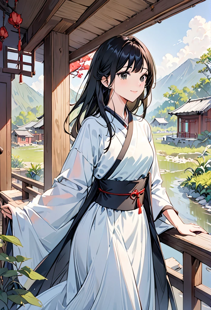 {{upper body}} 1girl, caring and calm female, raven black hair, straight hair, waist length hair, straight bangs, serene black eyes, soft smile, wearing tradicional chinese clothing, chinese hanfu,  long, flowing robe, a loose upper garment, long flowy skirt, outside a small cabin house, chinese historical, good quality, pov.