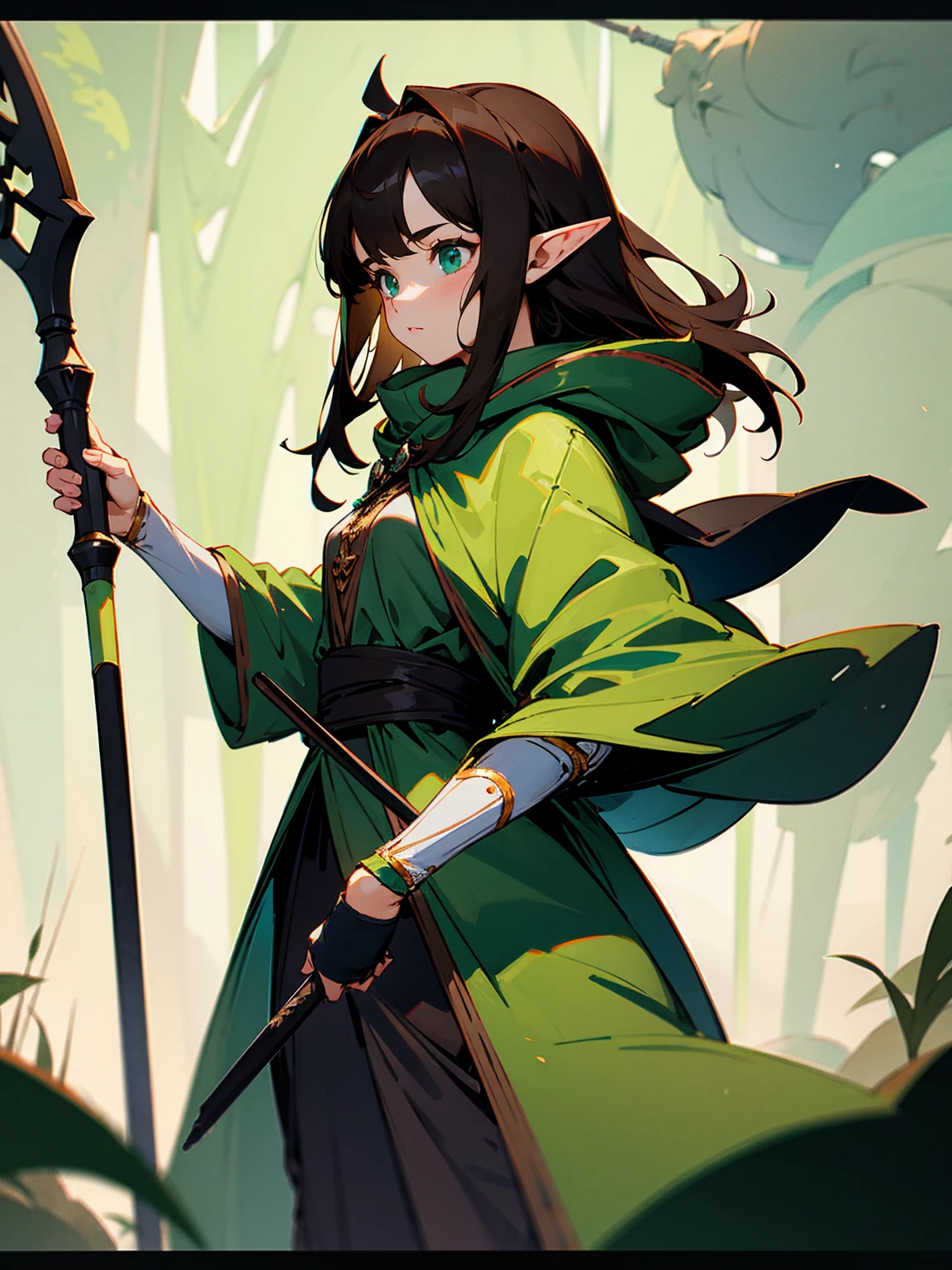  female, dark brown hair, elf ears, green cloak, holding a staff, curious look, standing on path