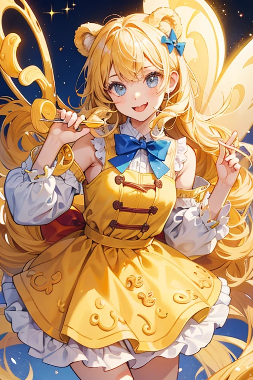 A girl bear num made from cheesy elbow noodles. He has the basic num eyes with his tongue sticking out. His bow is made out of a piece of farfalle. SPARKLE; GLITTER