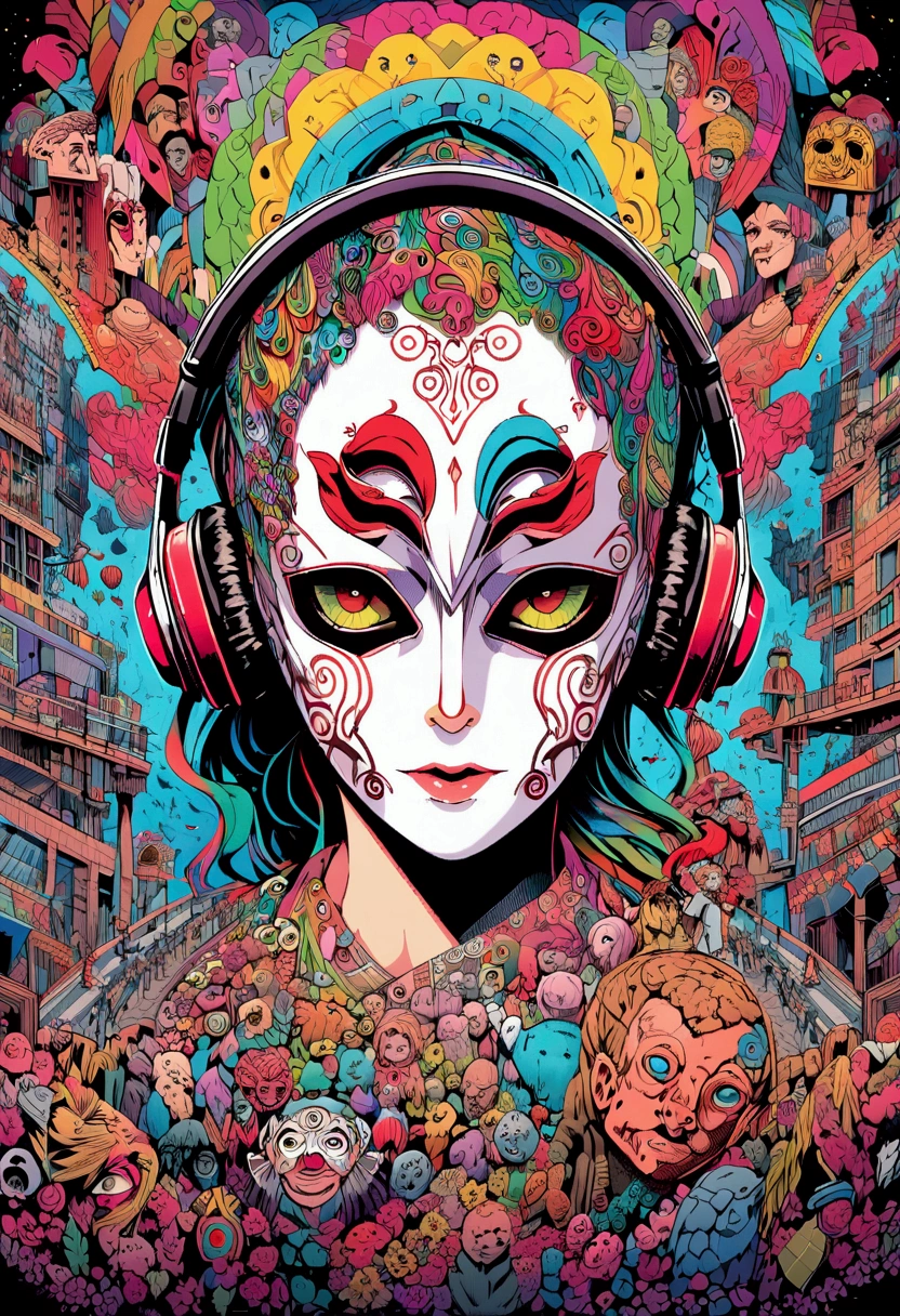 Center, Isometric, Vector t-shirt art ready for print highly detailed manga colorful doodle illustration, Put on your headphones, The face is covered with a highly detailed Broken Man mask, Vivid colors, High Detail