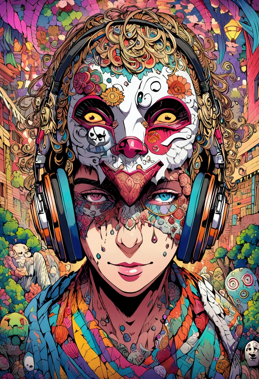 Center, Isometric, Vector t-shirt art ready for print highly detailed manga colorful doodle illustration, Put on your headphones, The face is covered with a highly detailed Broken Man mask, Vivid colors, High Detail
