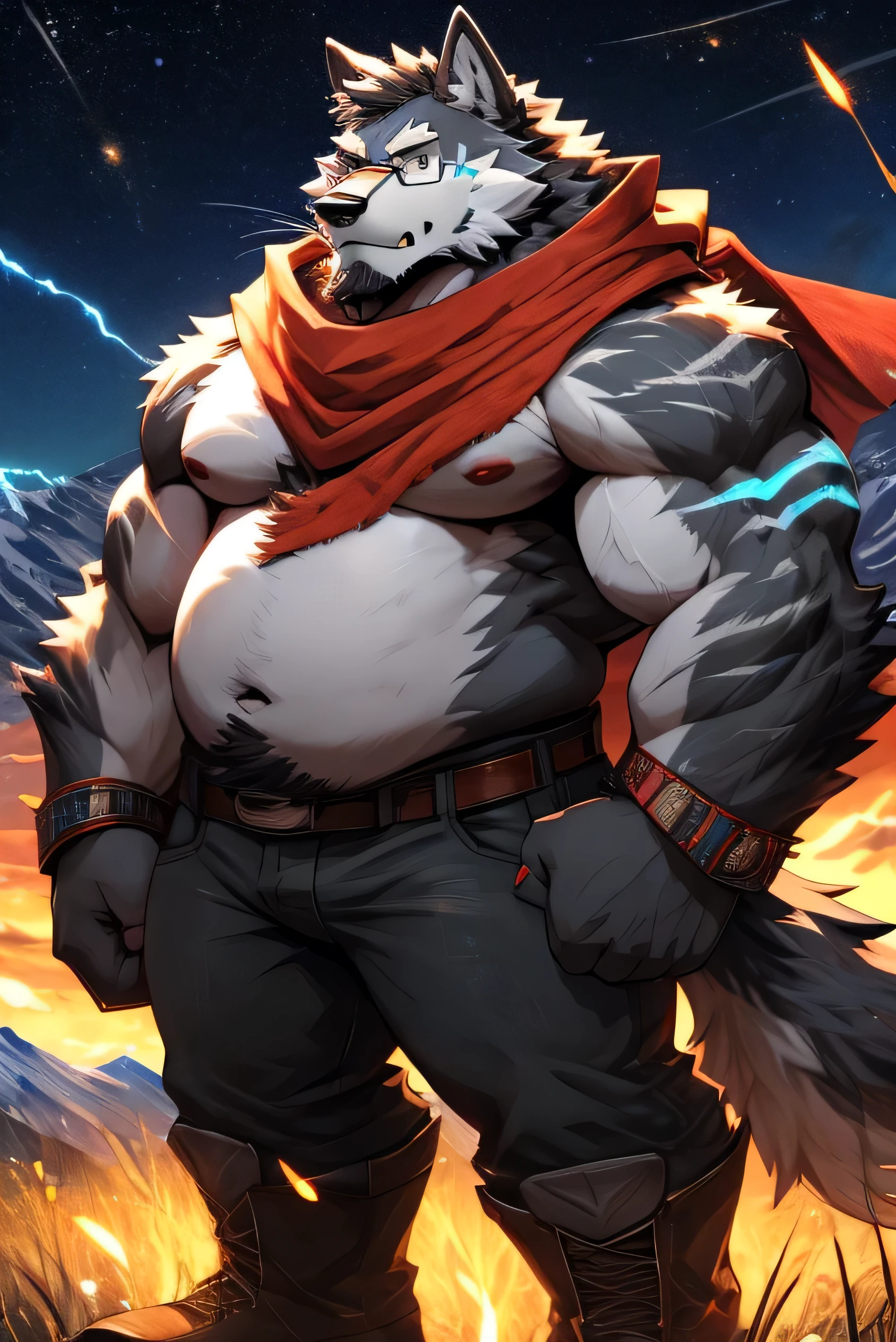 alone, fat muscular man, dad bod, belly, big pecs, ash grey hairy wolf, faded haircut ((black color)), big thick beard ((black color)), whiskers, amber eyes, ((red scarf)), ((glasses)),
electrified stripes on arms, electricity on arms, stripes on arms ((cyan color)) white belly, hairy, wolf tail, wolf ear, bracelets, jeans, boots, pecs, fangs, in the field, mountains in the background, at night, starry night, fireflies around,