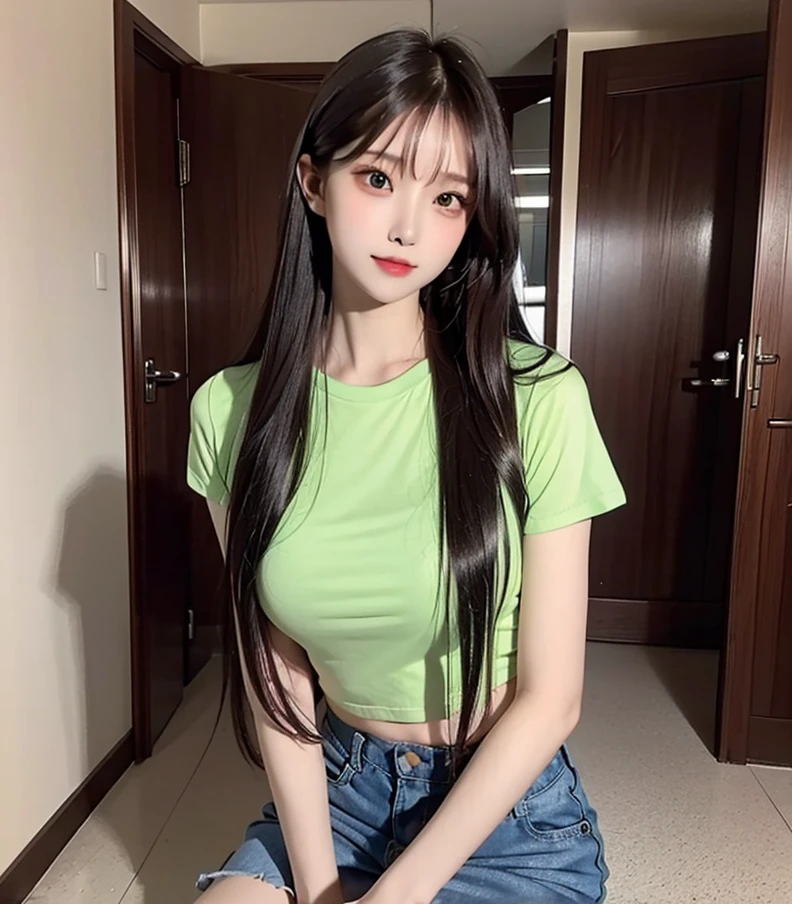 21yo girl, long hair, green background