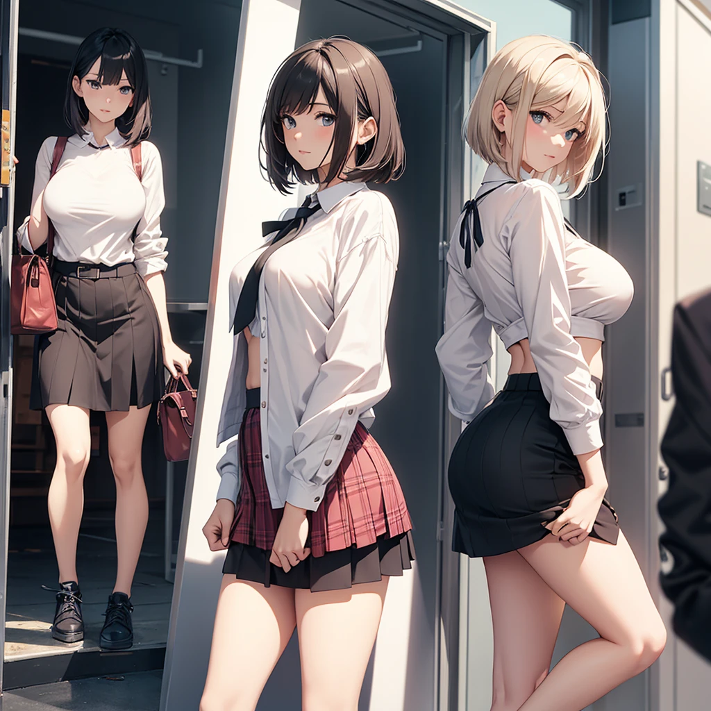 Angle from below、Breasts spilling out、The underboob is visible、Random pose、mini skirt、Blushing、、short hair、Light cream colored hair、Pale red eyes、、Standing on the stairs
